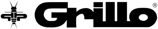 Das offizielle Logo der Marke Grillo in schwarzer Schrift auf transparentem Hintergrund, links daneben das stilisierte Symbol einer Grille.