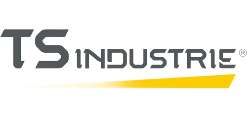 Das offizielle Logo der Marke TS Industrie in grauer Schrift mit einem markanten gelben Design-Element auf einem transparenten Hintergrund.